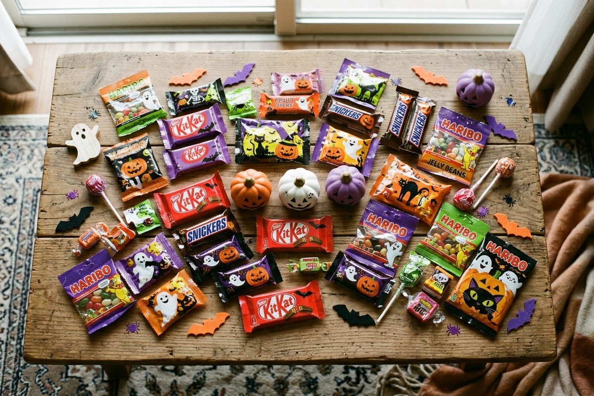 木製テーブルに並んだハロウィン柄の個包装お菓子