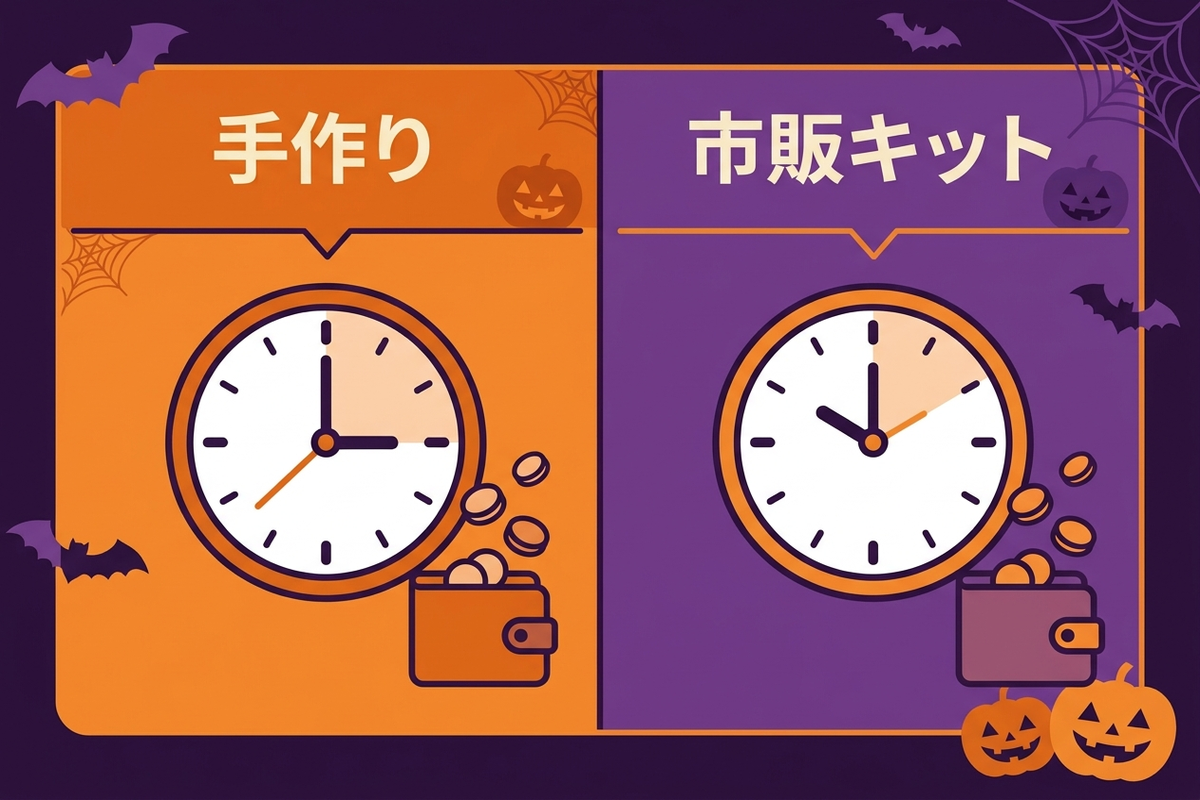 手作りと市販キットの所要時間・材料費を比較するインフォグラフィック