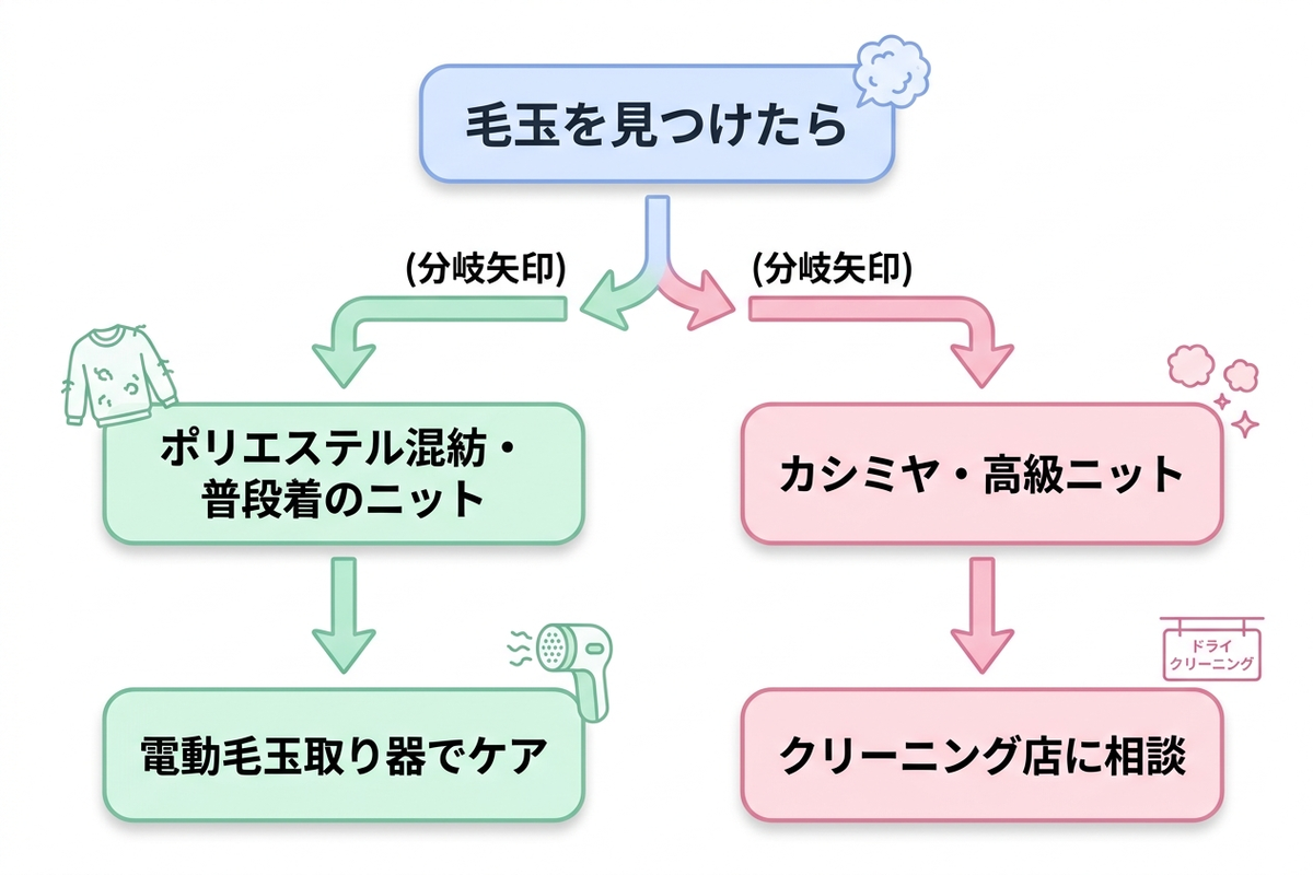 毛玉取り器とクリーニングの判断フローを示す図解