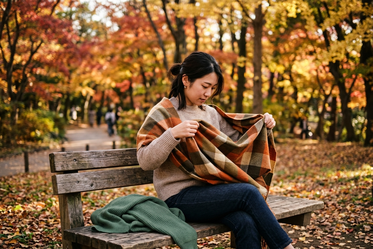 紅葉を背景にストールとカーディガンを使い分ける女性