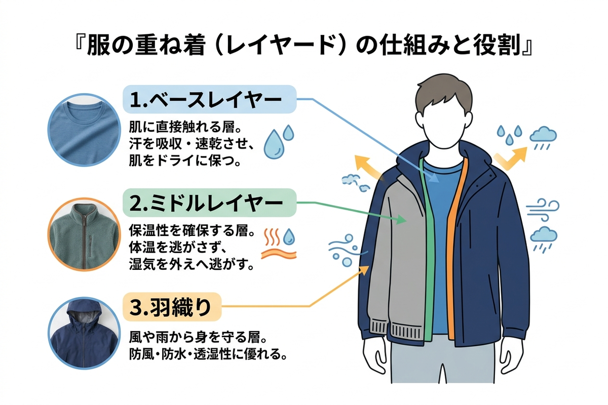 紅葉狩りデートの重ね着を組み立てる手順の図解