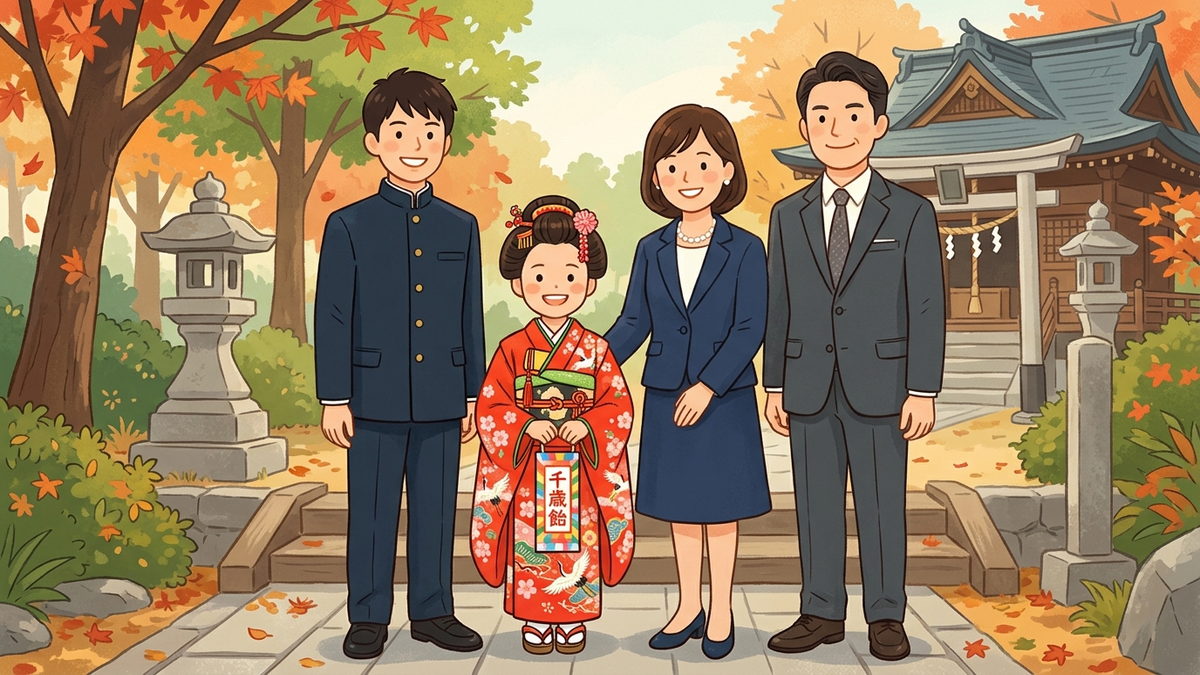 七五三の家族写真、両親と兄弟それぞれの服装を示すイラスト