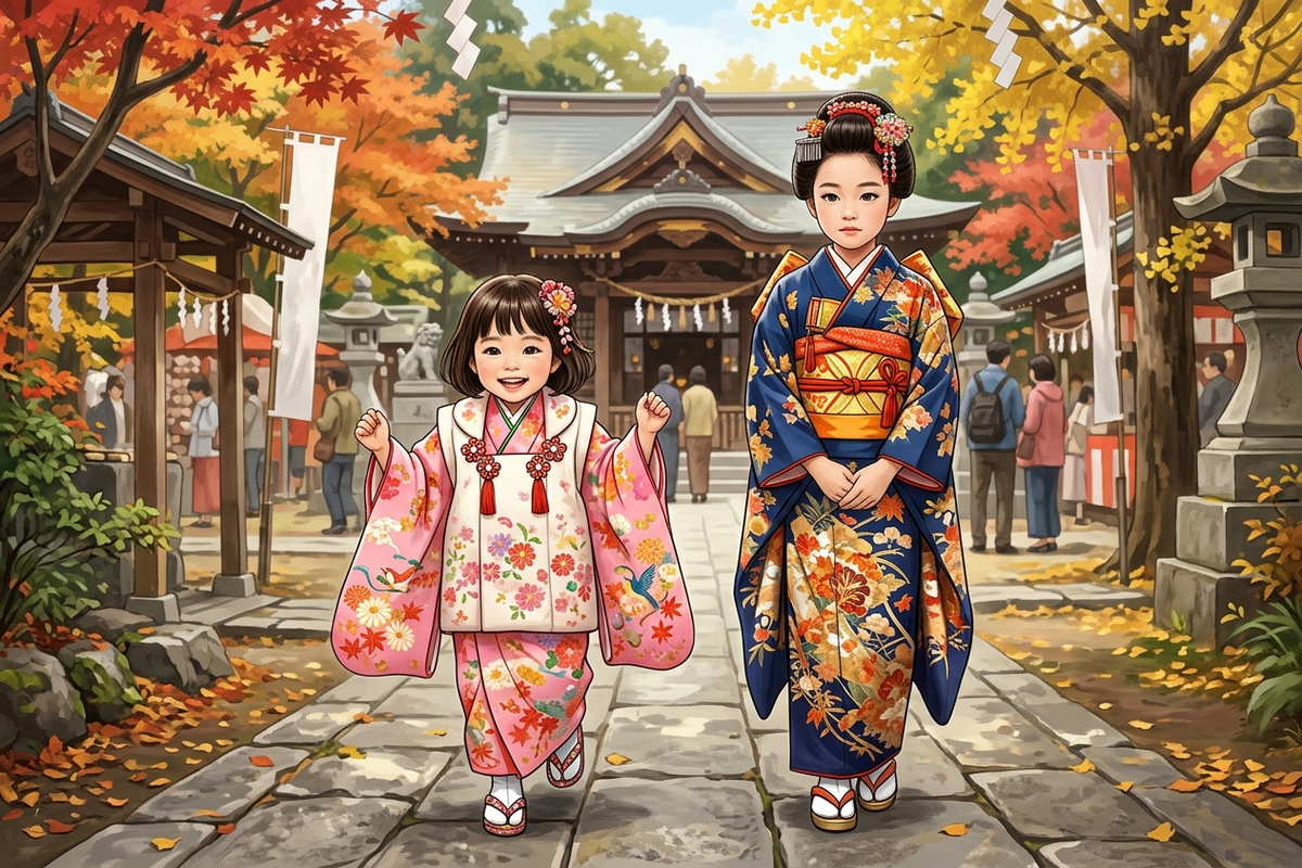 帯を締めていない被布セットの女の子と、帯を締めた四つ身着物の女の子が並んで歩く様子