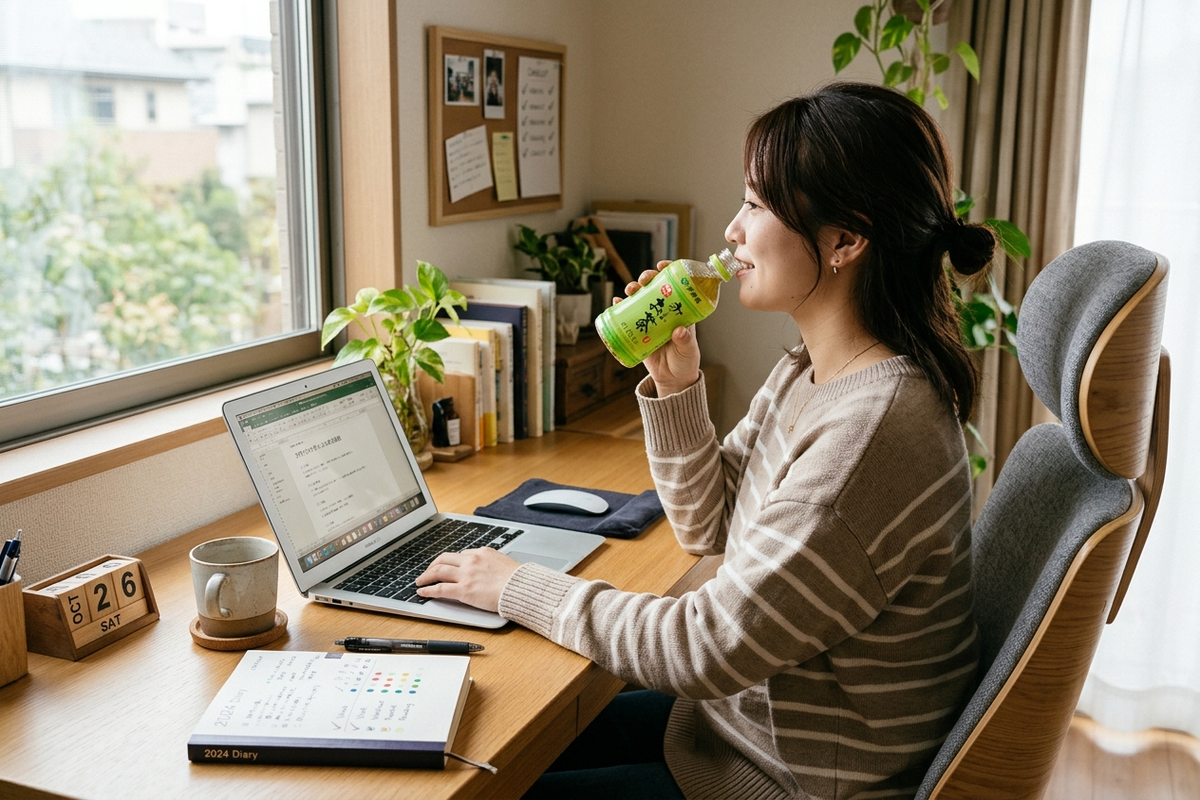 在宅ワークのデスクでお茶を飲みながら習慣を続ける女性