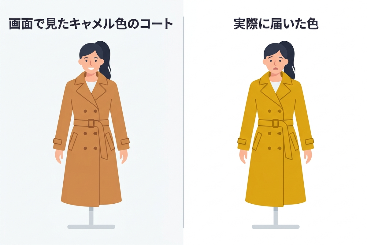 画面で見たキャメル色のコートと実際に届いた色の違いを示す比較イラスト