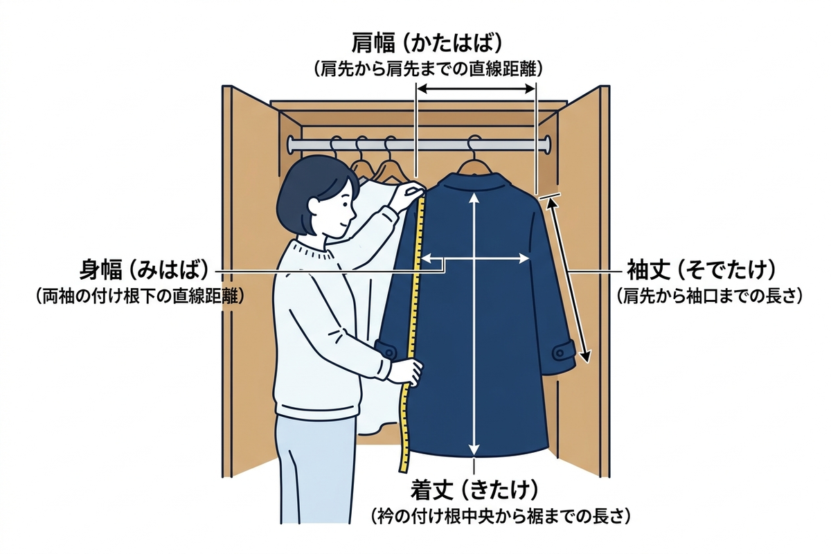 コートの肩幅・身幅・着丈・袖丈をメジャーで測る方法を示した図解