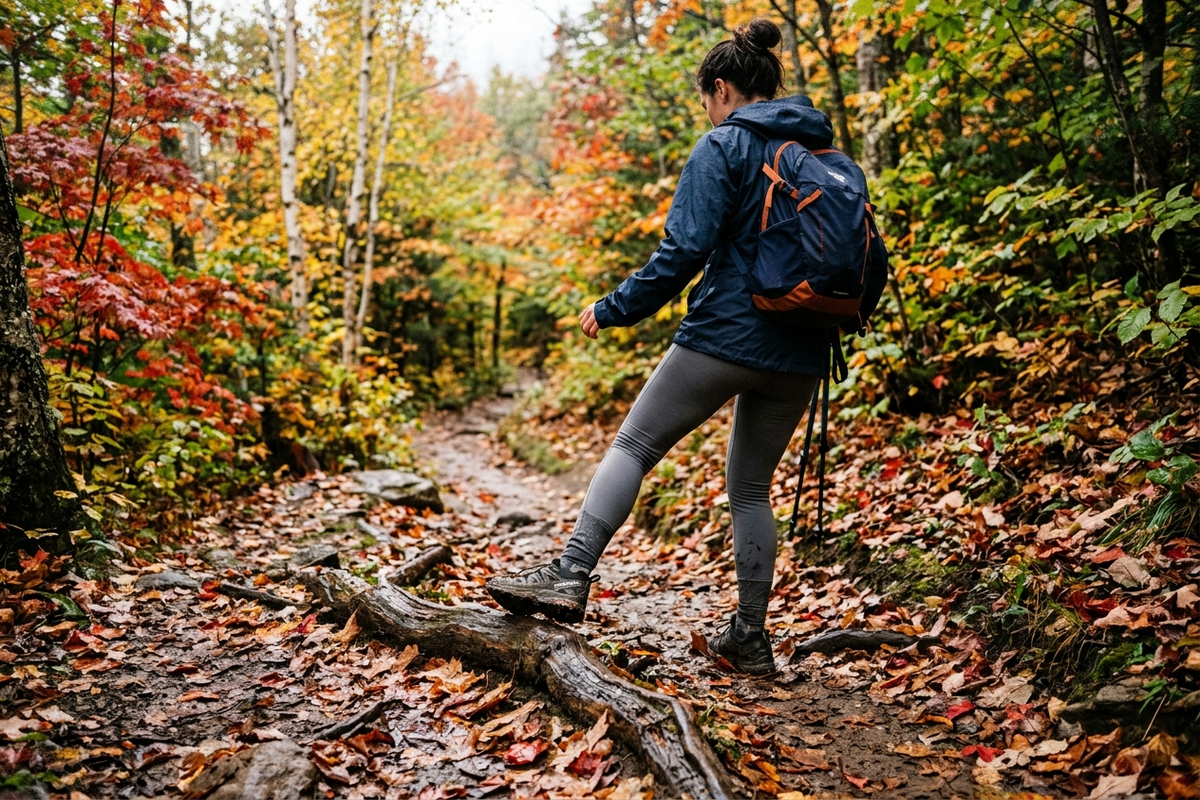 濡れた落ち葉の山道を歩く人の後ろ姿