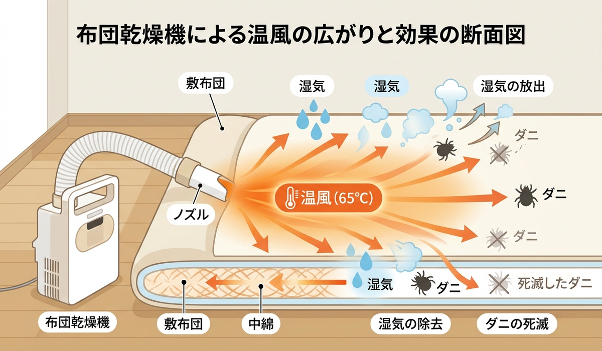温風が布団内部に広がる様子を示した図