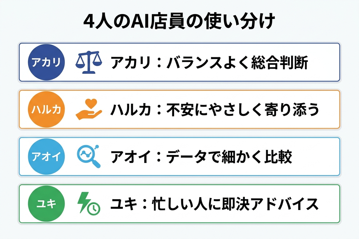 アカリ・ハルカ・アオイ・ユキ4人のAI店員の使い分けをまとめた日本語の早見表