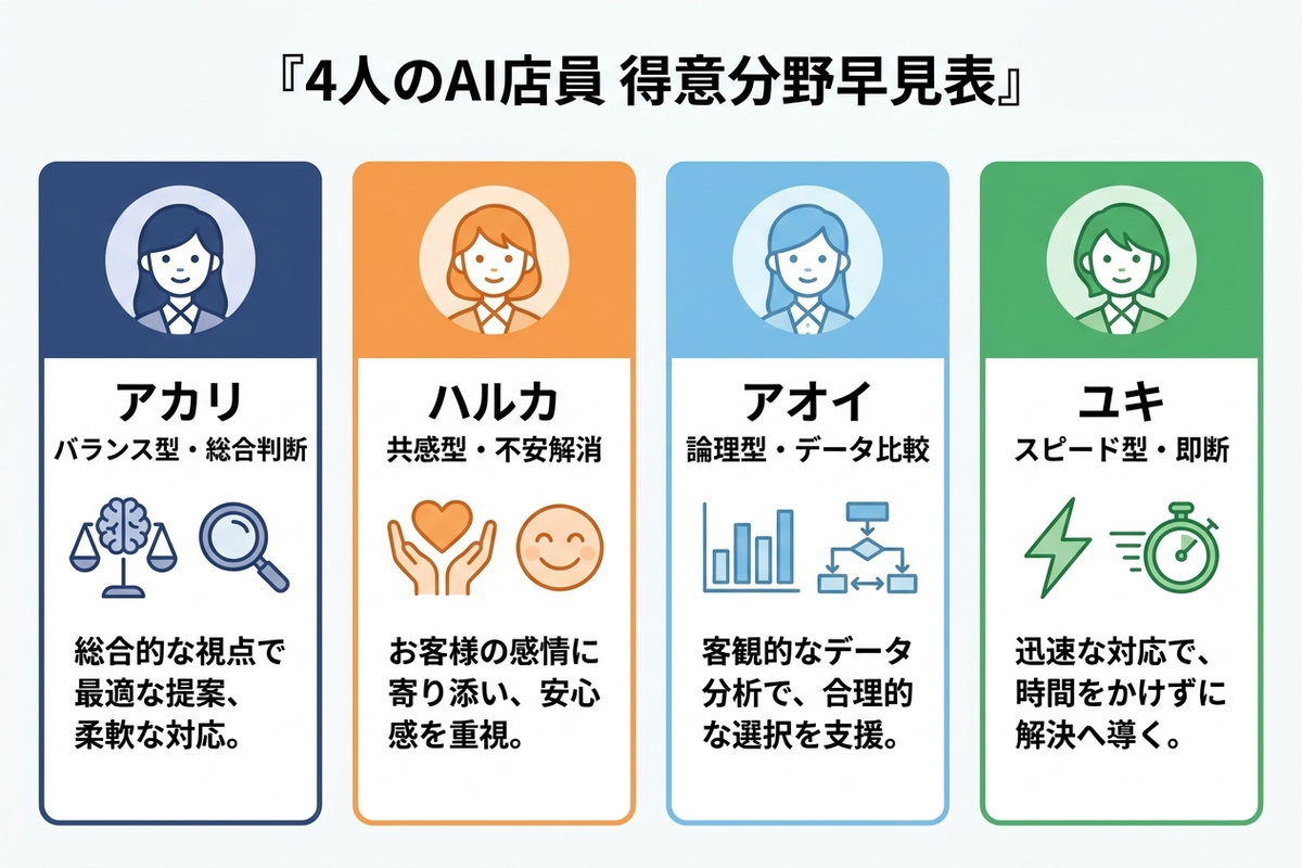 4人のAI店員それぞれの得意分野と相談シーンをまとめた日本語の早見表