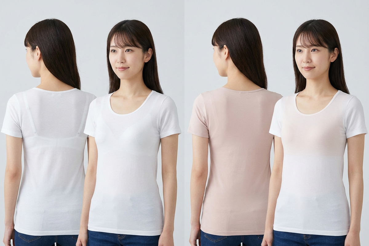 白Tシャツの下でインナーの色によって透け方が違う様子の比較