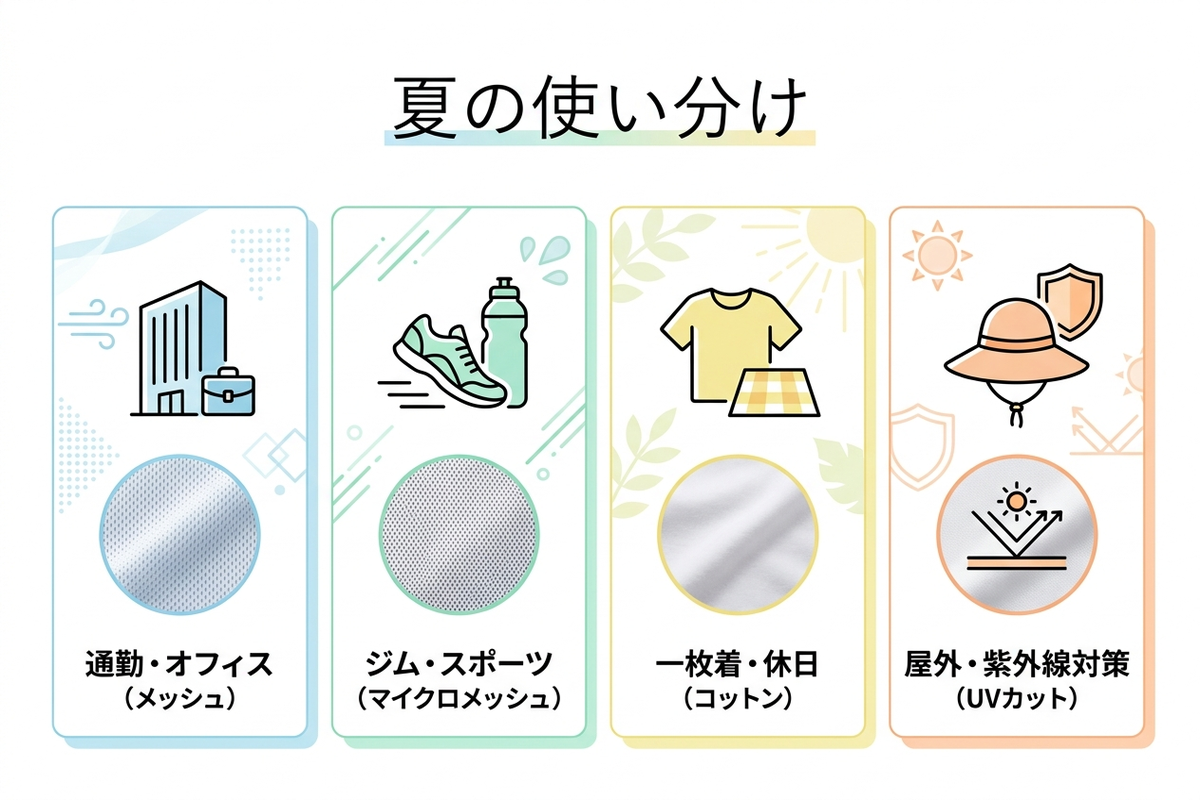 夏のシーン別エアリズムの使い分けを示す日本語インフォグラフィック
