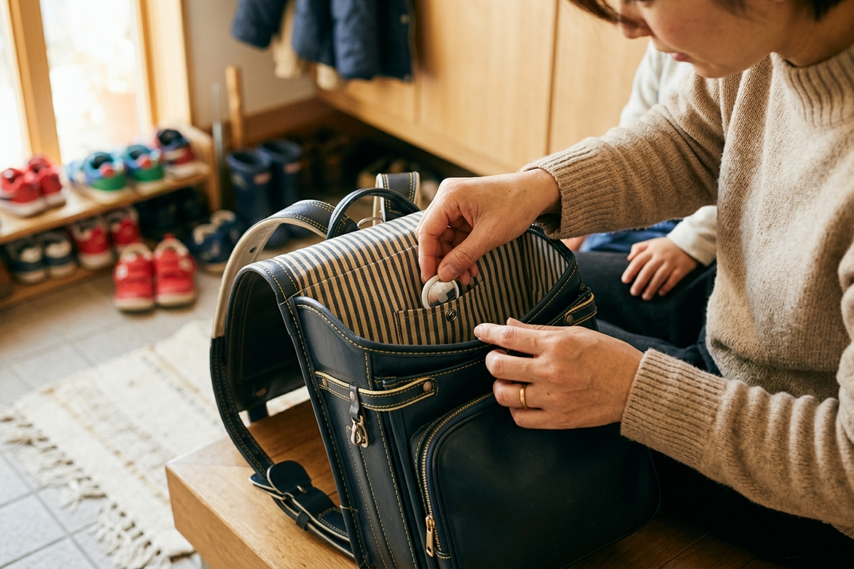 子どものランドセルに紛失防止タグを取り付ける母親の手元