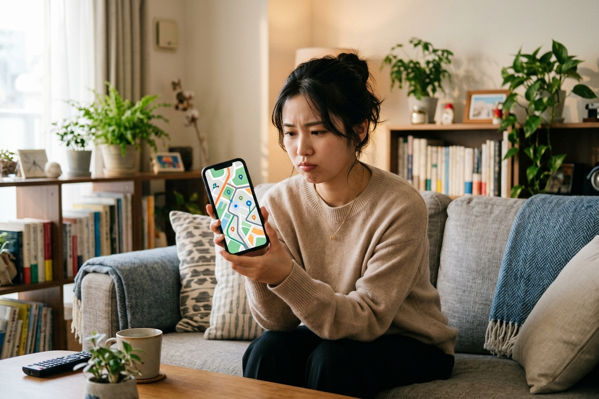 スマホの画面を見ながら少し困った表情をする女性