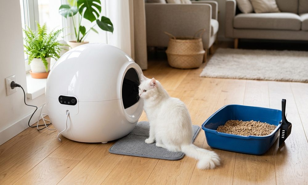猫が自動トイレの入り口の前で警戒しながら様子をうかがっている様子