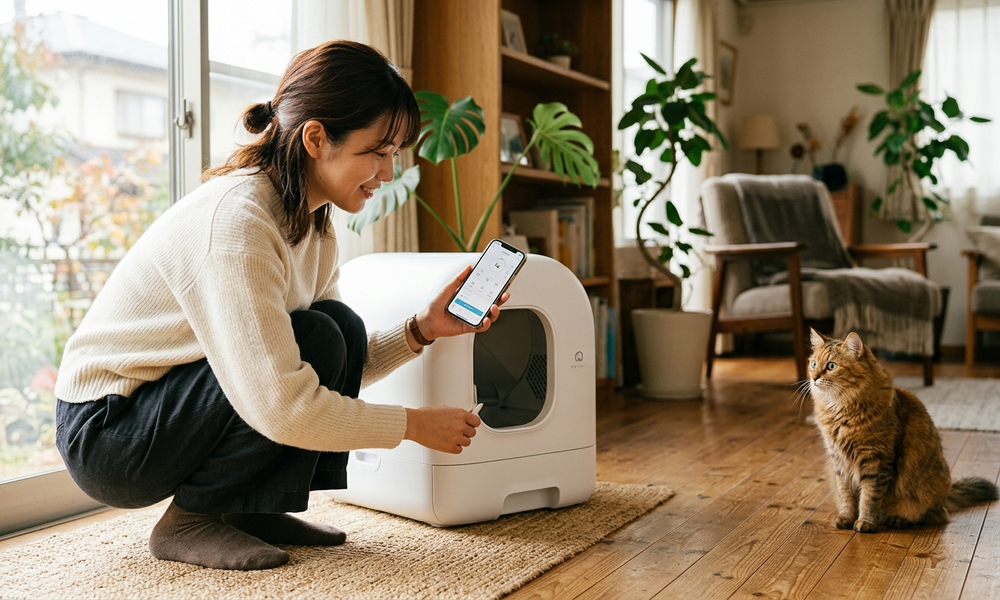 女性がスマホのアプリ画面を見ながら猫トイレのそばにしゃがんでいる様子
