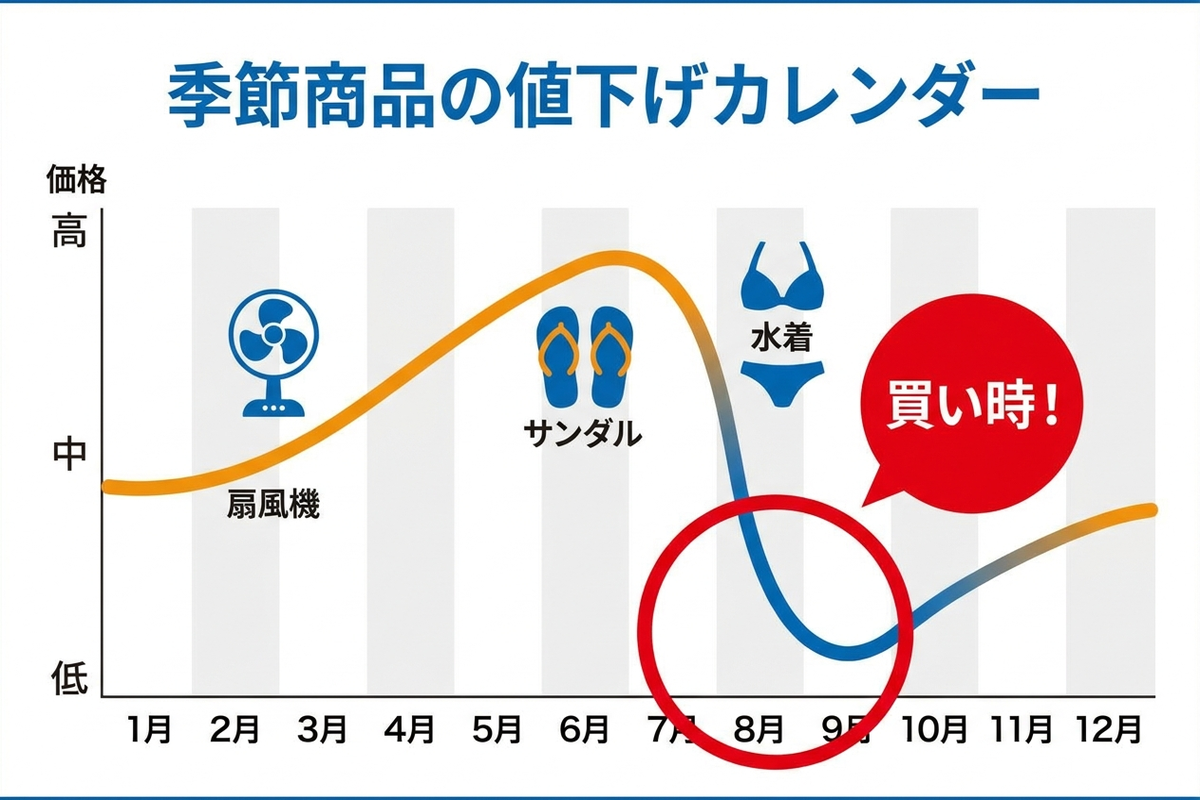 季節商品の値下げカレンダー。夏物が8月後半に最安値になる様子を示すグラフ