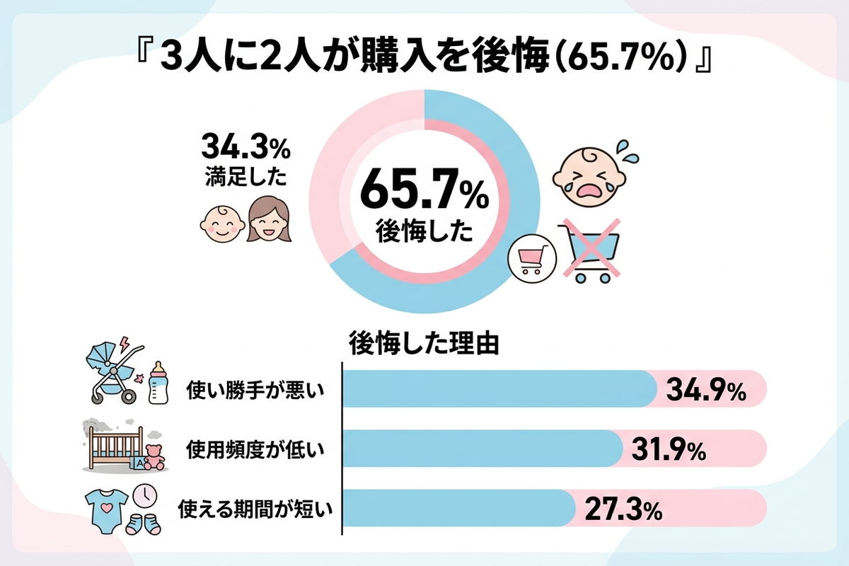 ベビー用品を購入して後悔した人の割合と理由を示す日本語の図解