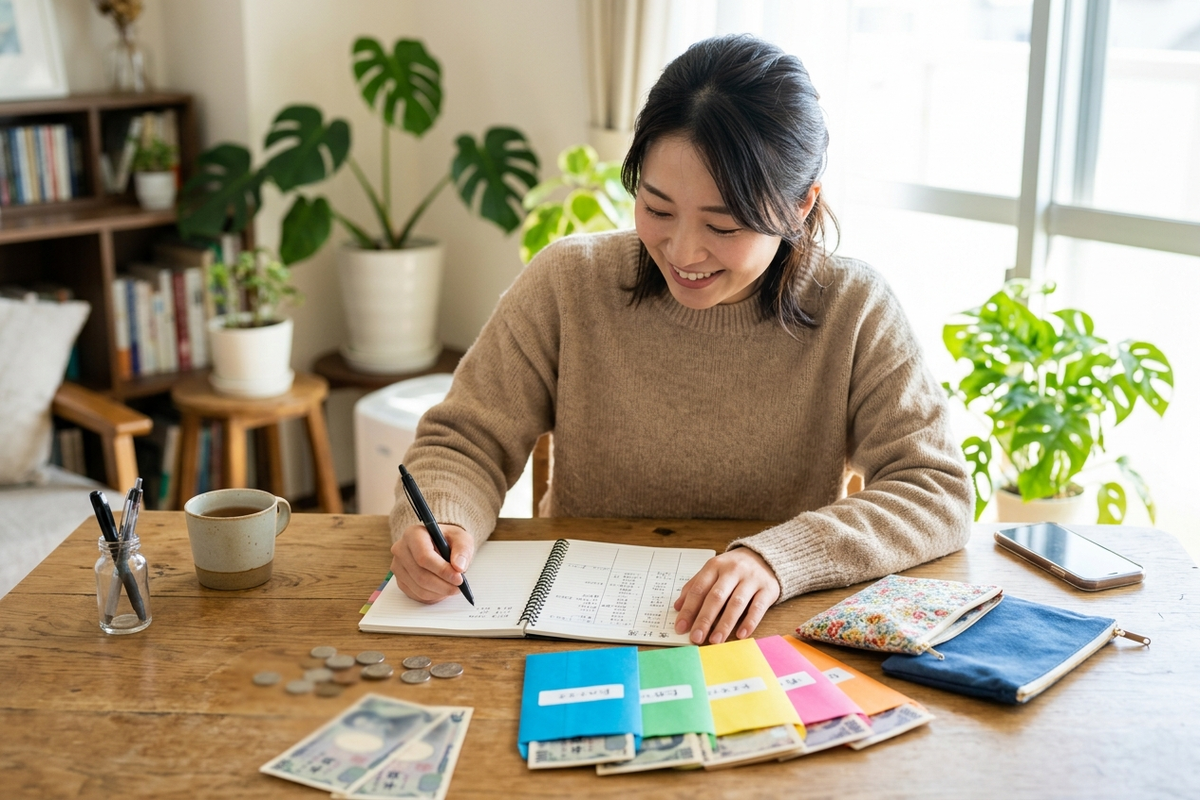 現金封筒にお金を仕分けしながら予算を立てる女性