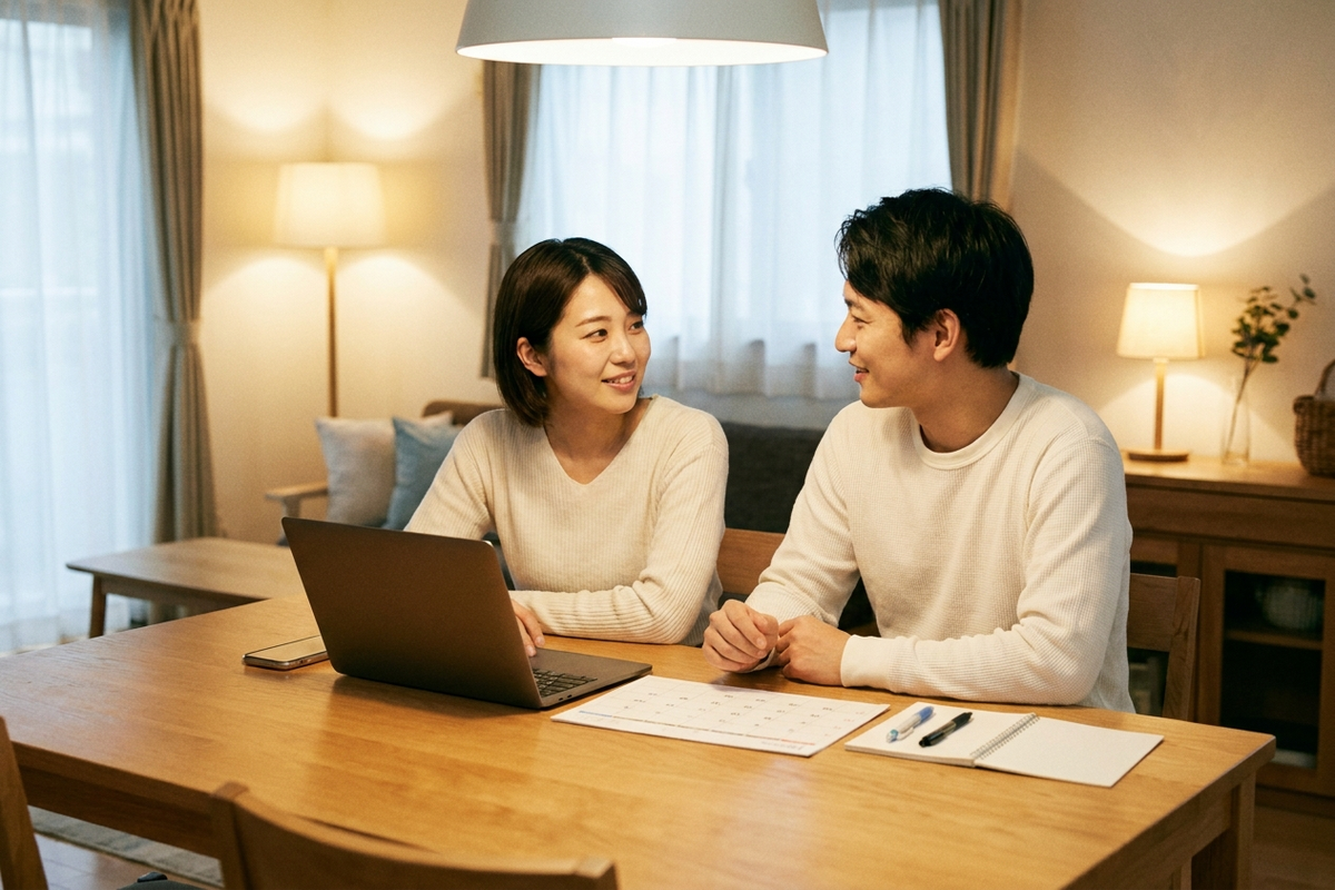 夫婦がリビングのテーブルでカレンダーを見ながら話し合う様子