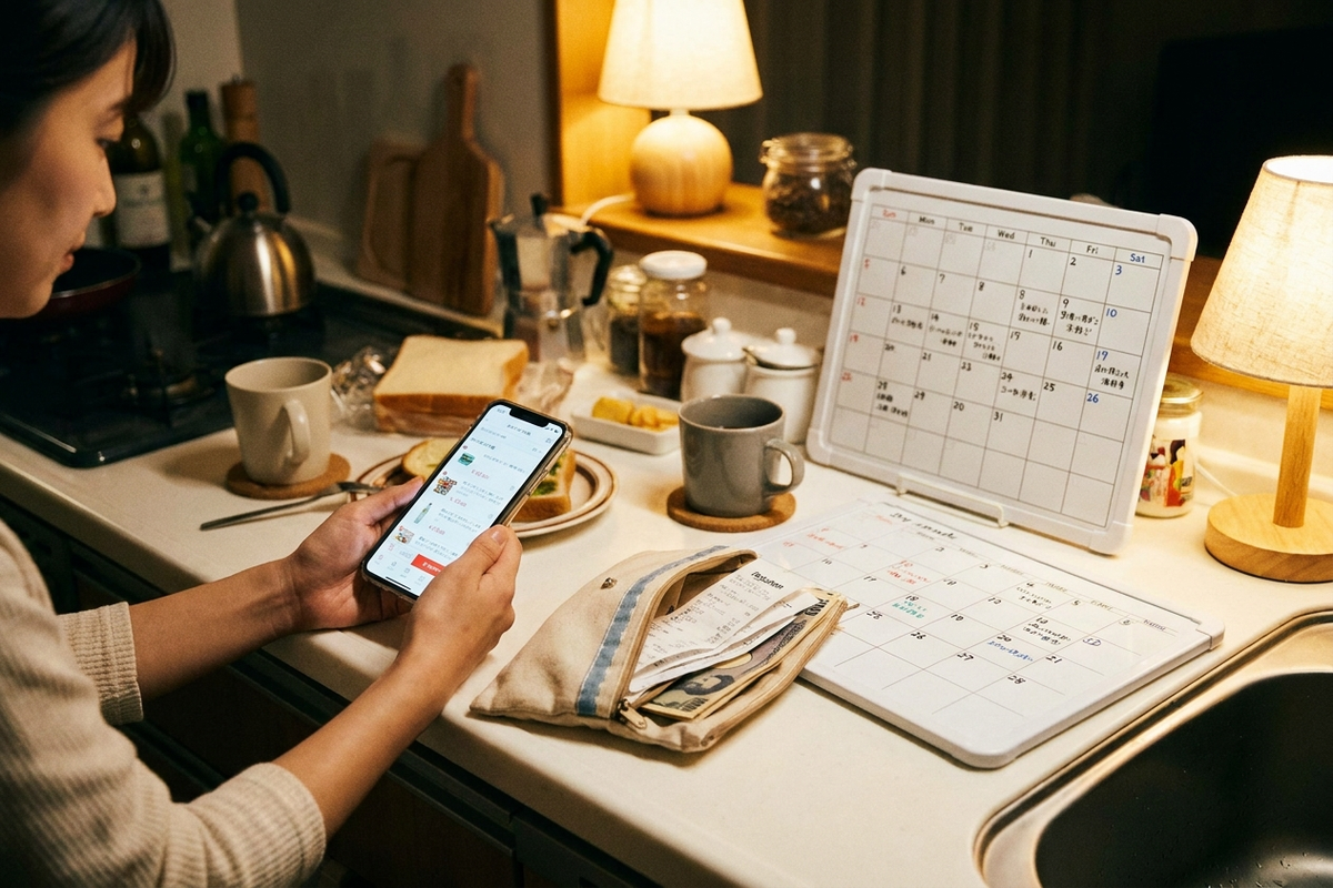 キッチンカウンターで家計管理ポーチとカレンダーを前にスマホを見る様子