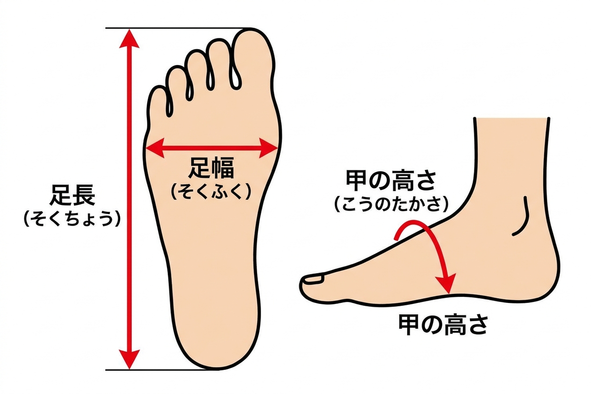 足の測定ポイント(足長・足幅・甲の高さ)を示す図解