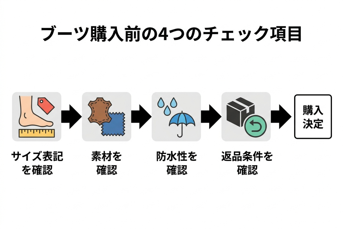 ブーツ購入前に確認すべき4つのチェック項目のフロー図