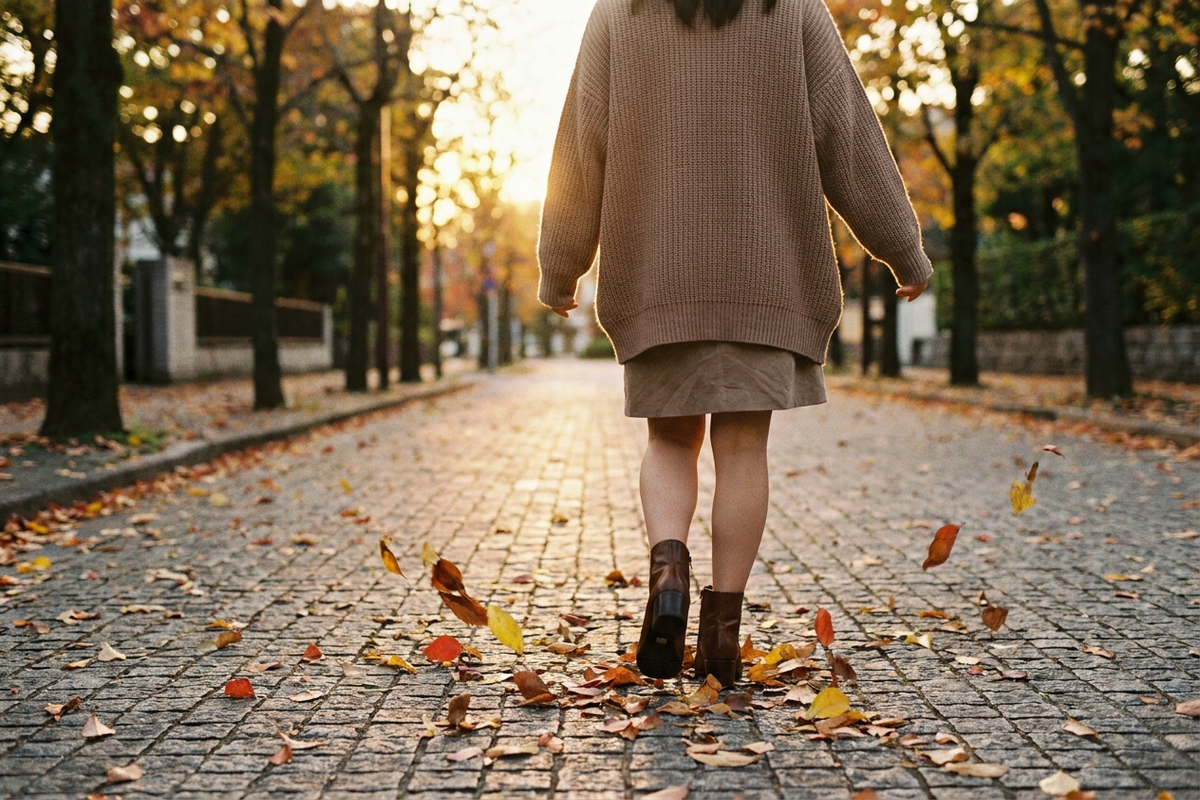 秋の舗道を新しいブーツで歩く女性の後ろ姿