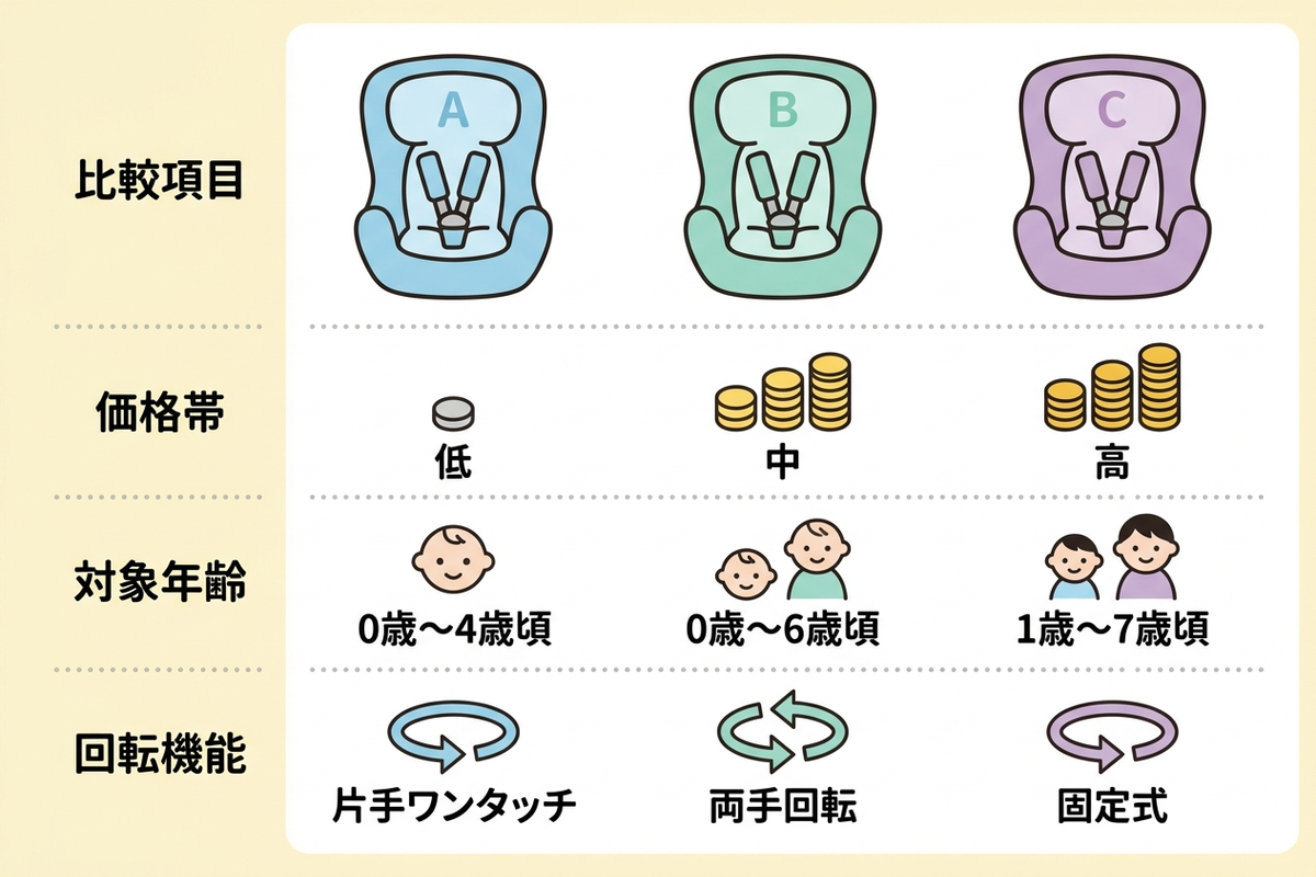 チャイルドシート比較表イラスト