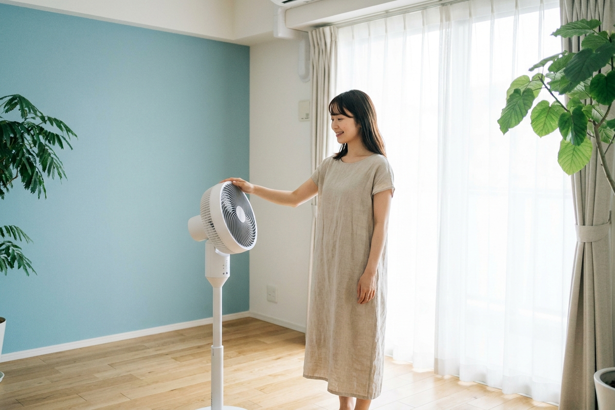 白い壁と観葉植物の前でサーキュレーターの涼しい風を浴びる若い日本人女性