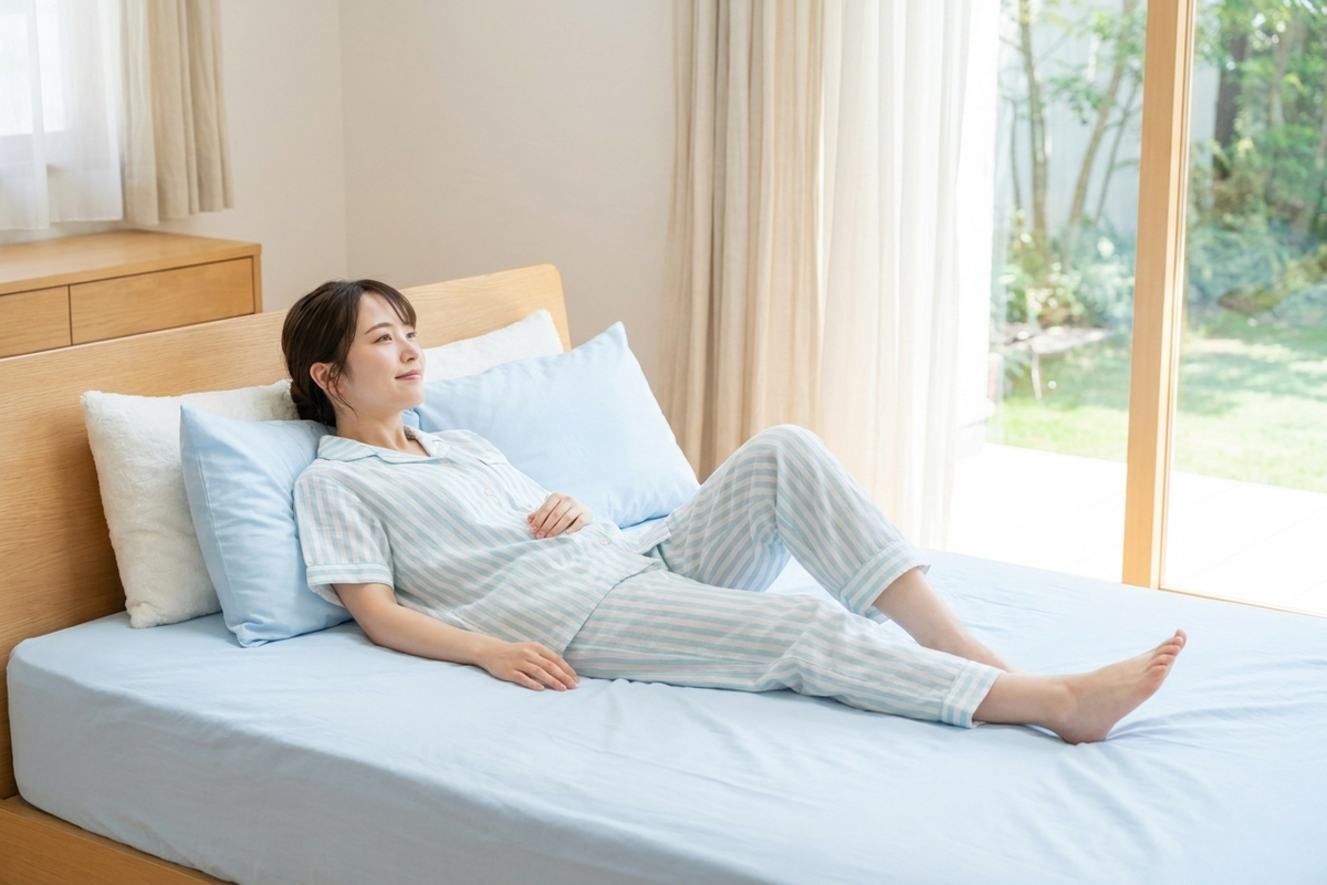 ひんやりとした青いシーツのベッドでくつろぐ若い日本人女性