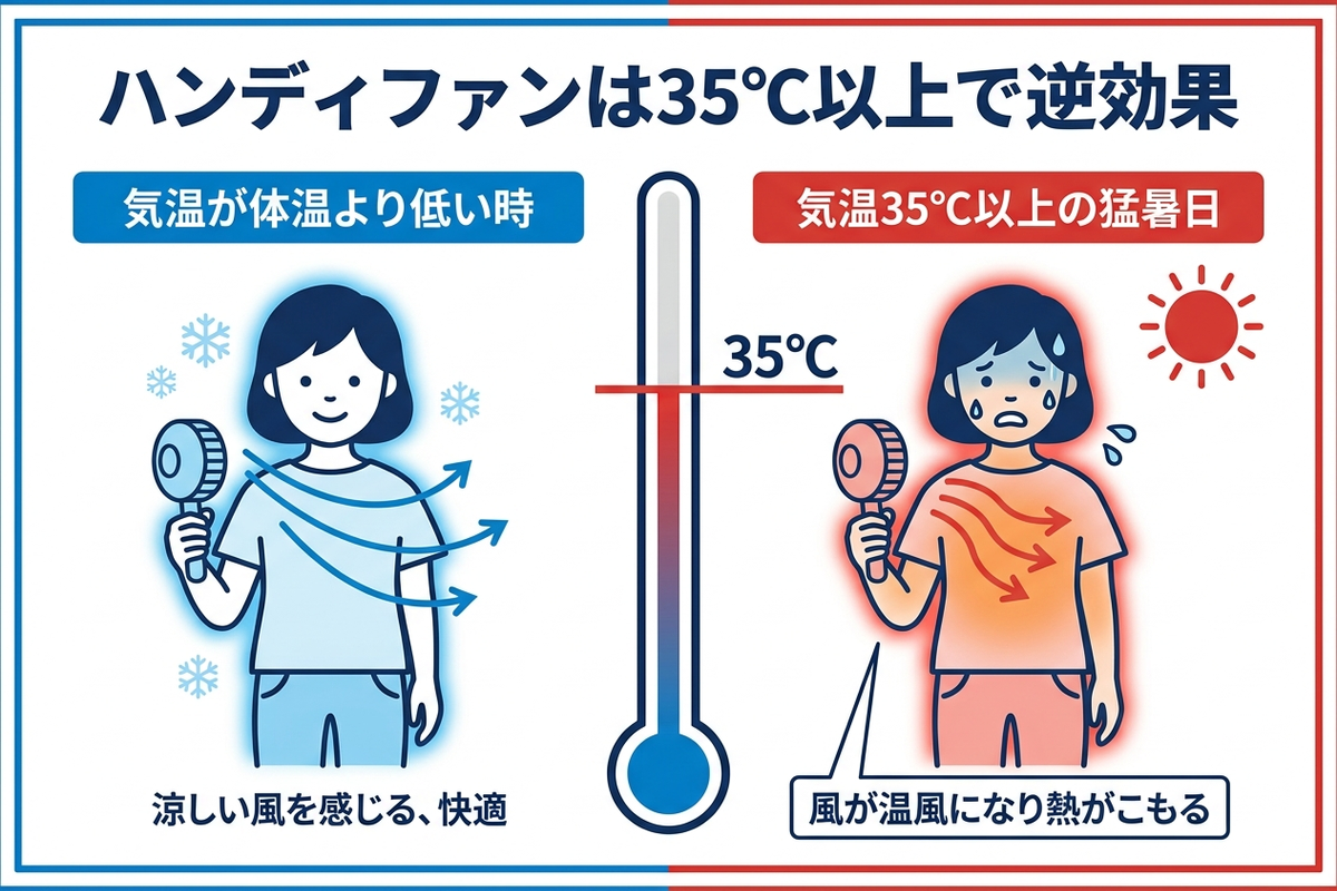 ハンディファンが気温35度以上で逆効果になる仕組みの図解