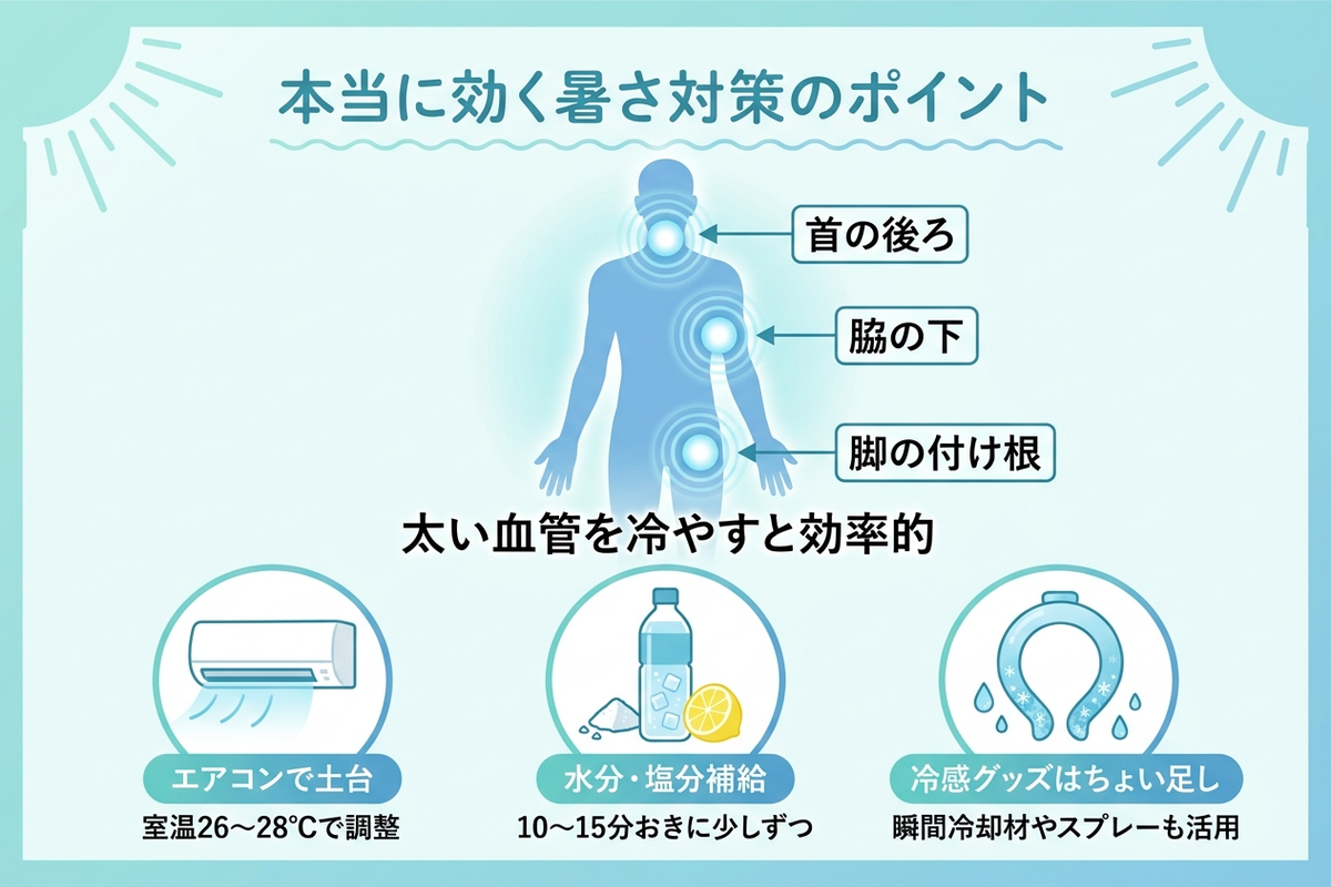 本当に効く暑さ対策のポイントと残ったグッズの図解