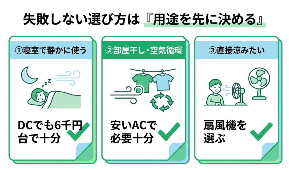 用途に合わせてサーキュレーターと扇風機を選び分ける正解の考え方を示した図解