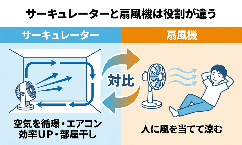 サーキュレーターは空気を循環させる道具で扇風機は人に風を当てる道具という役割の違いの図解