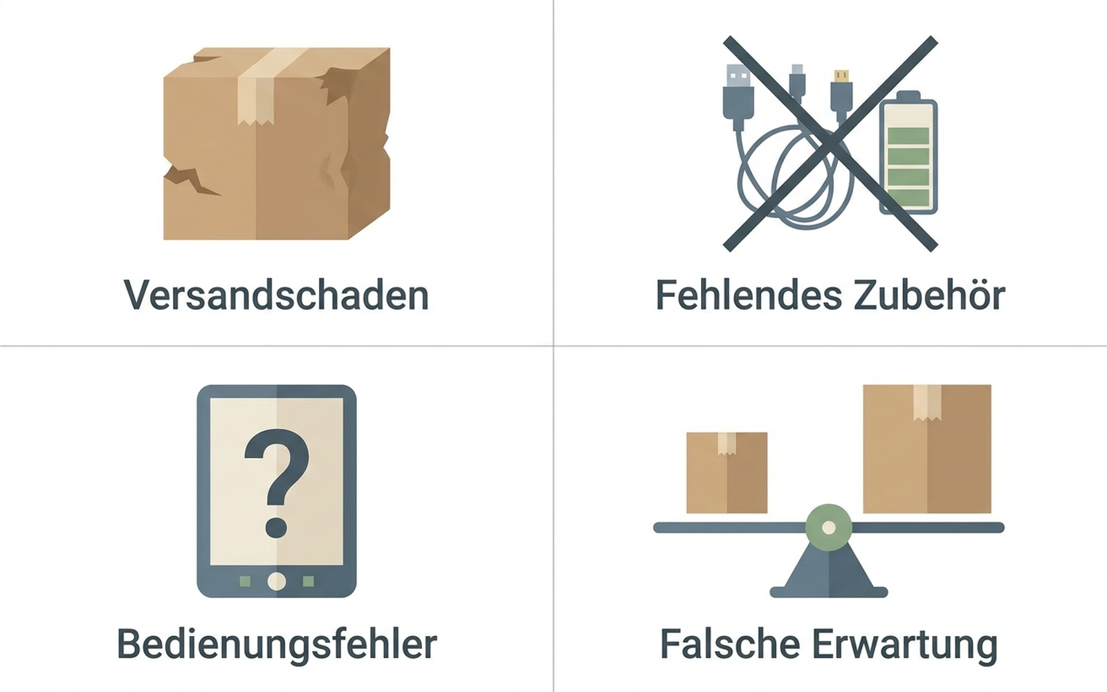 Infografik mit vier Icons: Versandschaden, fehlendes Zubehör, Bedienungsfehler, falsche Erwartung – jeweils mit kurzer deutscher Beschriftung