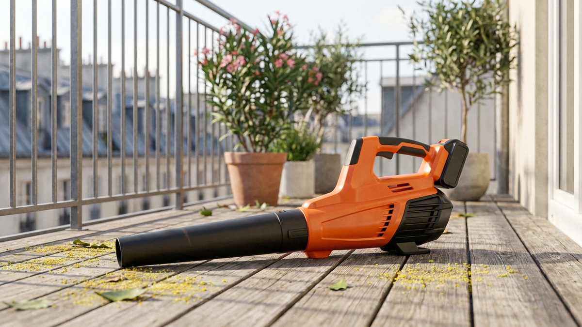 Moderner handlicher Akku-Laubbläser auf den Holzdielen eines europäischen Stadtbalkons, verstreute Blütenpollen und einzelne Blätter, morgendliches Licht, Topfpflanzen und Geländer im Hintergrund