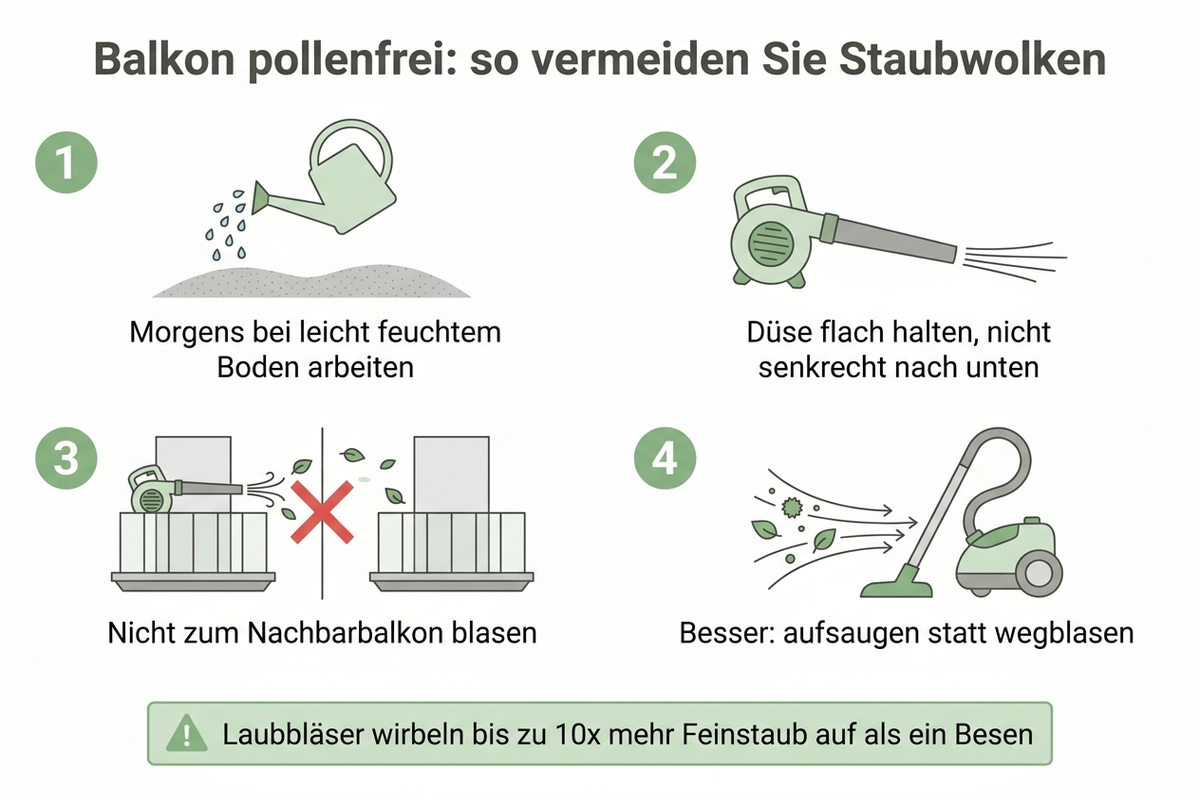 Infografik: Anwendungsguide für den Balkon mit vier Schritten – morgens bei feuchtem Boden arbeiten, Düse flach halten, nicht zum Nachbarbalkon blasen, besser aufsaugen statt wegblasen; plus Warnhinweis zur Feinstaubbelastung