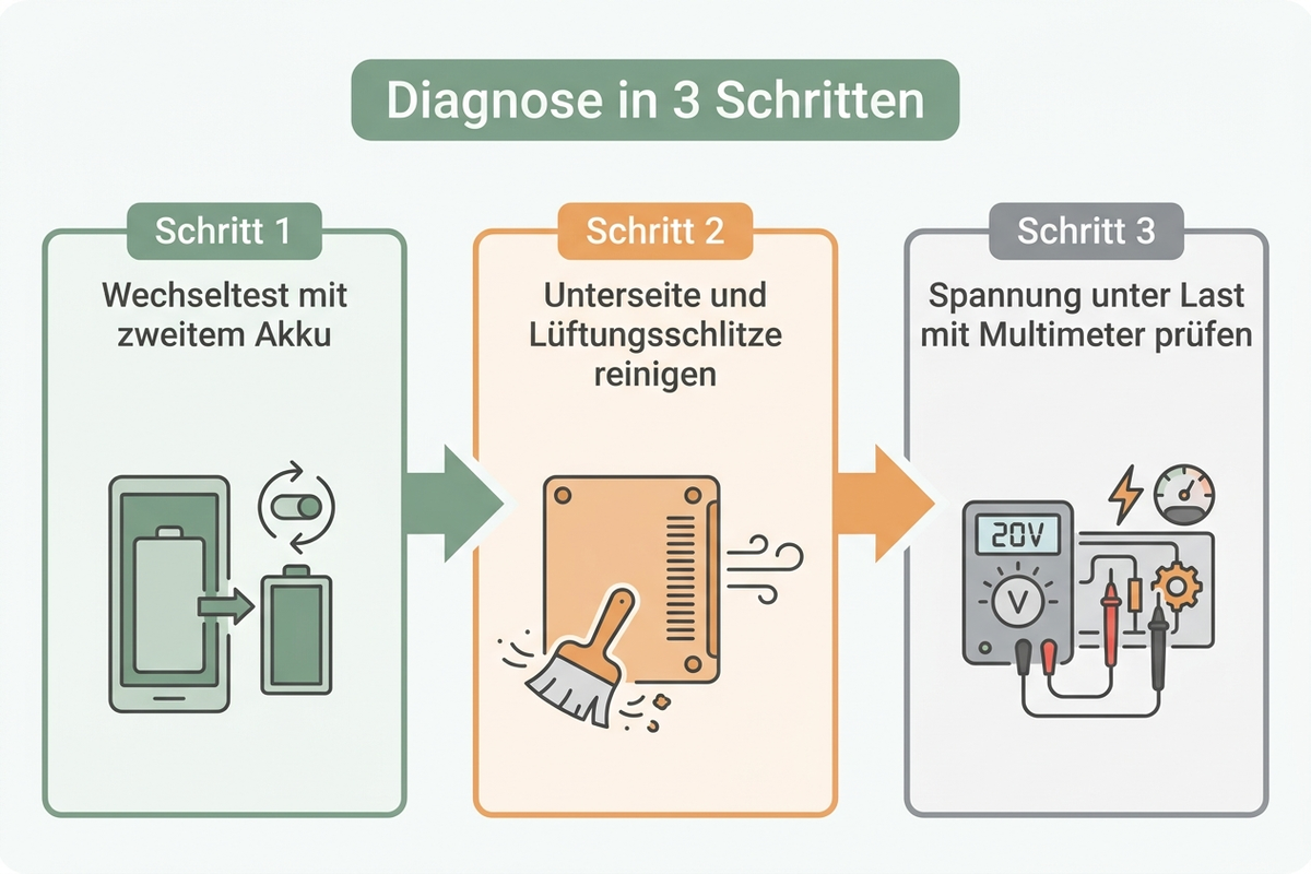 Diagramm: Diagnose in drei Schritten bei zu kurzer Akku-Rasenmäher-Laufzeit – Wechseltest, Reinigung, Spannungsprüfung