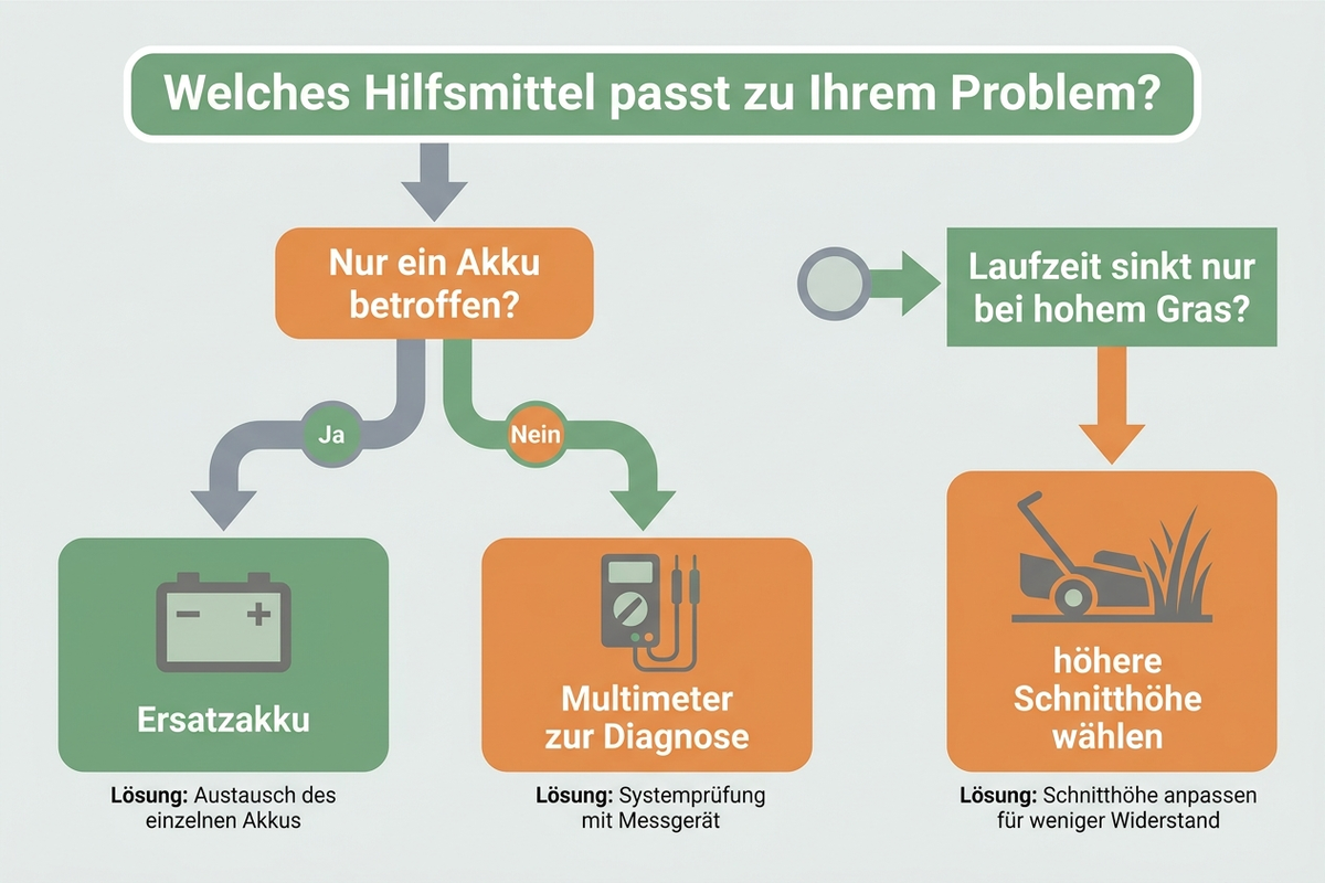 Entscheidungsbaum: Welches Hilfsmittel bei welchem Akku-Rasenmäher-Problem hilft – Ersatzakku, Multimeter oder höhere Schnitthöhe