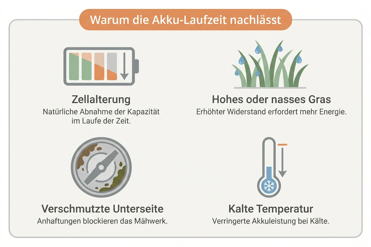 Infografik: Vier Ursachen für nachlassende Akku-Laufzeit bei Rasenmähern – Zellalterung, hohes oder nasses Gras, verschmutzte Unterseite, kalte Temperatur