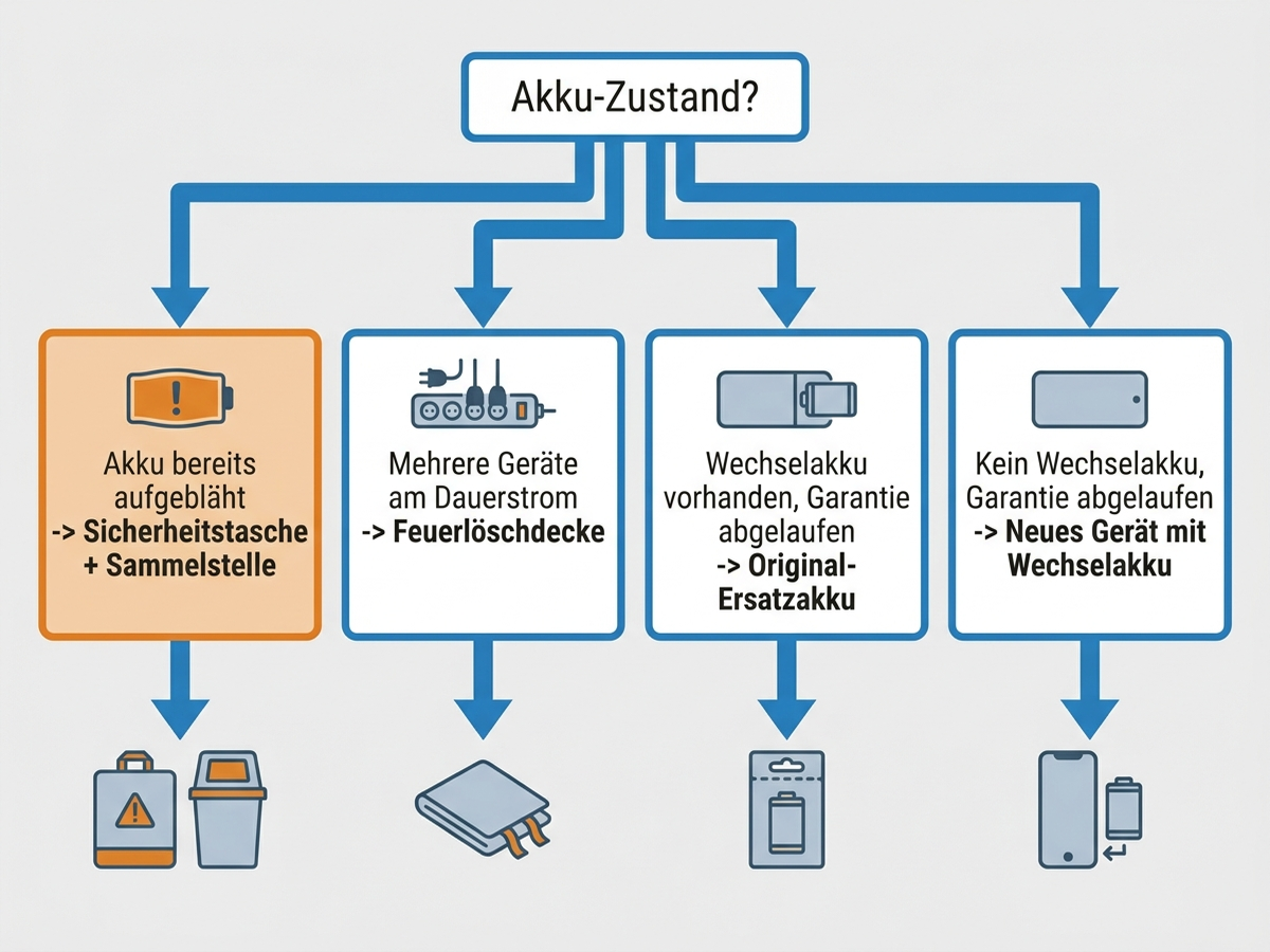 Entscheidungsbaum: Welches Hilfsmittel bei aufgeblähtem Akku-Staubsauger-Akku passt – Sicherheitstasche, Löschdecke, Ersatzakku oder neues Gerät