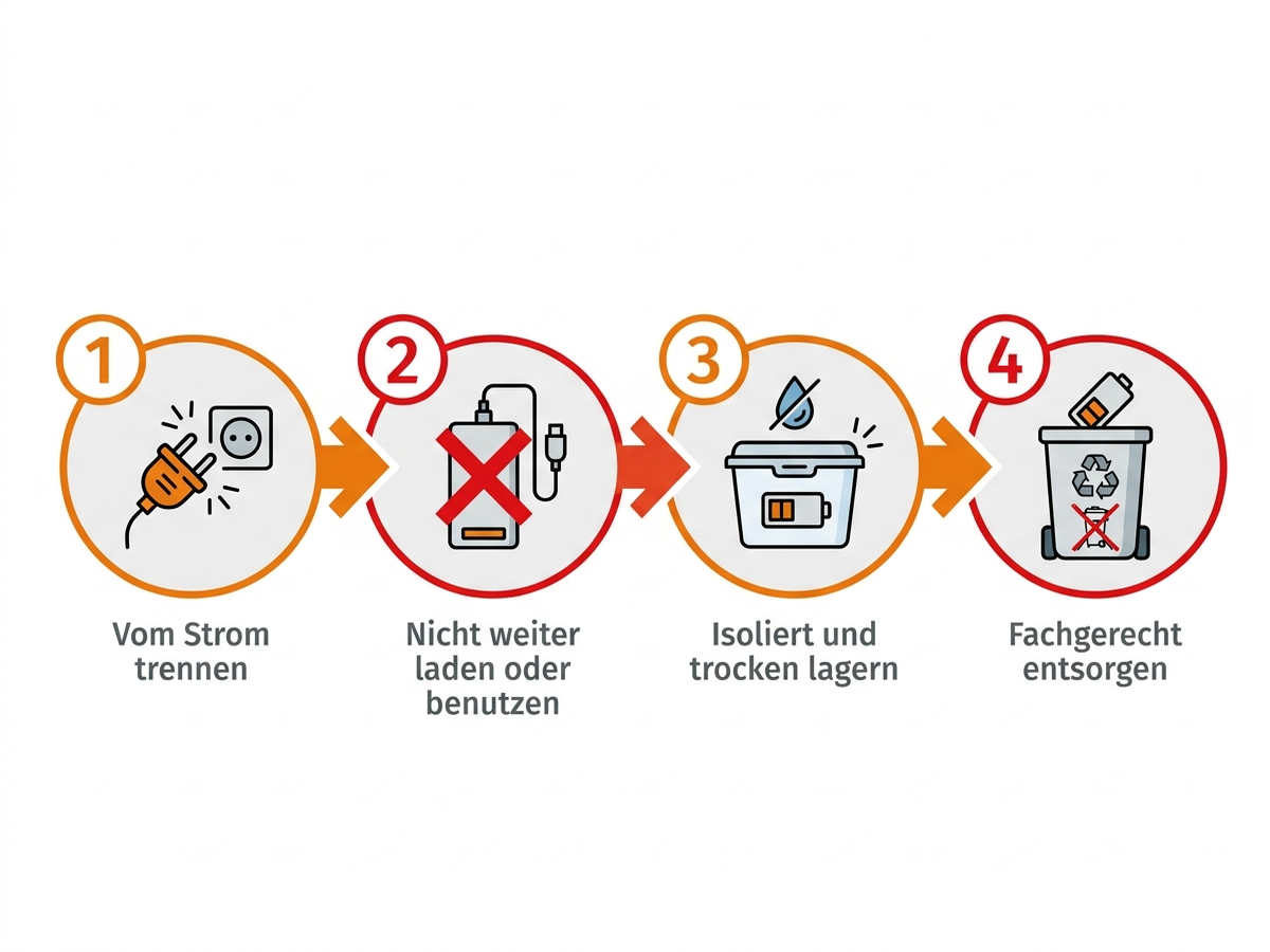 Diagramm: Vier Sofortmaßnahmen bei aufgeblähtem Akku – trennen, nicht laden, isoliert lagern, fachgerecht entsorgen
