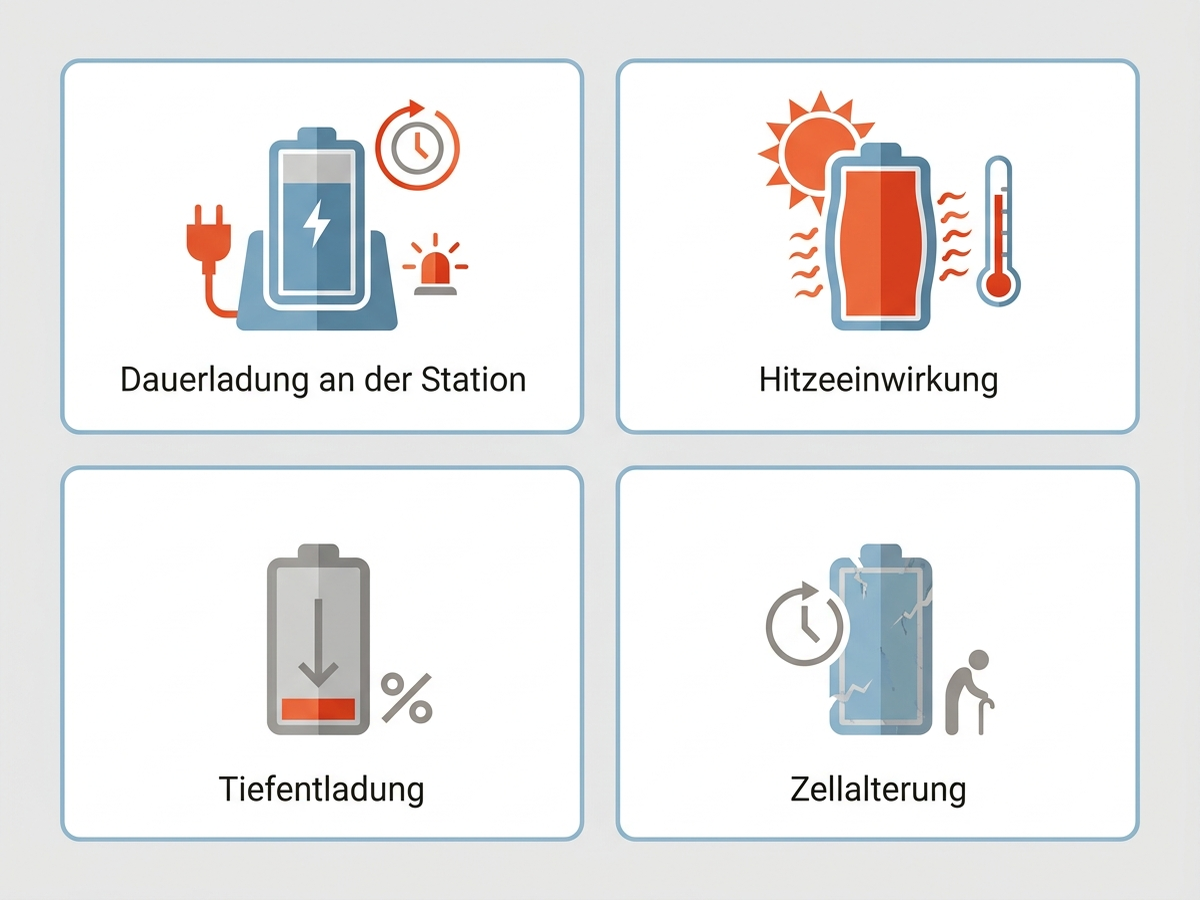 Infografik: Vier Ursachen für einen aufgeblähten Akku im Handstaubsauger – Überladung, Hitze, Tiefentladung, Zellalterung