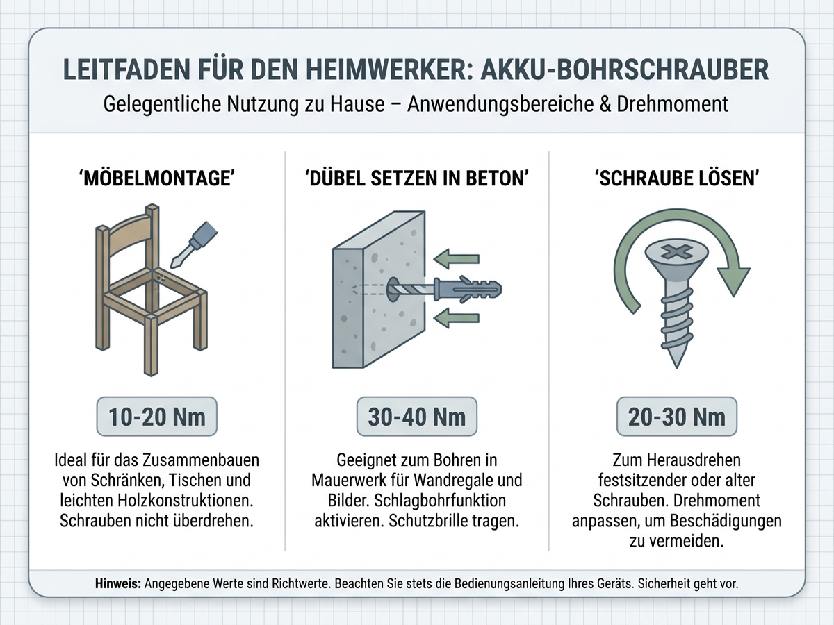 Infografik: Anwendungsleitfaden für Akkuschrauber im Alltag – Möbelmontage, Dübel setzen und gelegentliches Schrauben lösen mit passendem Drehmomentbereich in Newtonmetern