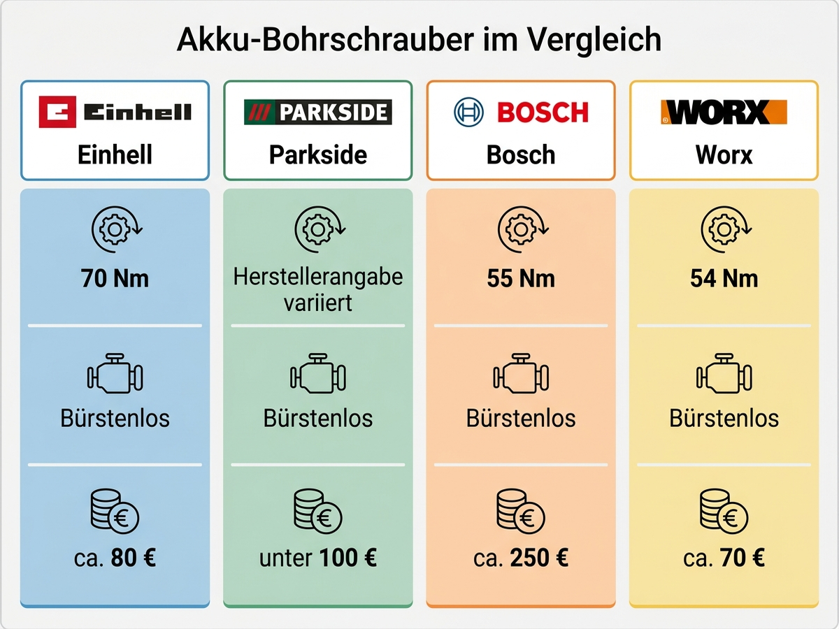 Infografik: Technologie-Vergleich von vier Akkuschrauber-Marken – Einhell, Parkside, Bosch und Worx – mit Drehmoment in Newtonmetern, Motorentyp und Preis inklusive Akku