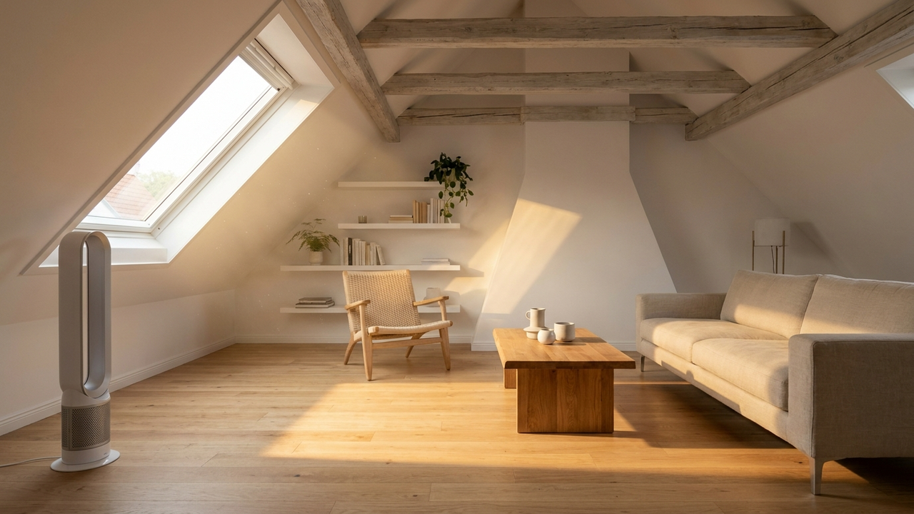 Ausgebaute Dachgeschosswohnung in einem europäischen Altbau mit Dachschräge, Dachfenster und Turmventilator im warmen Sommerlicht