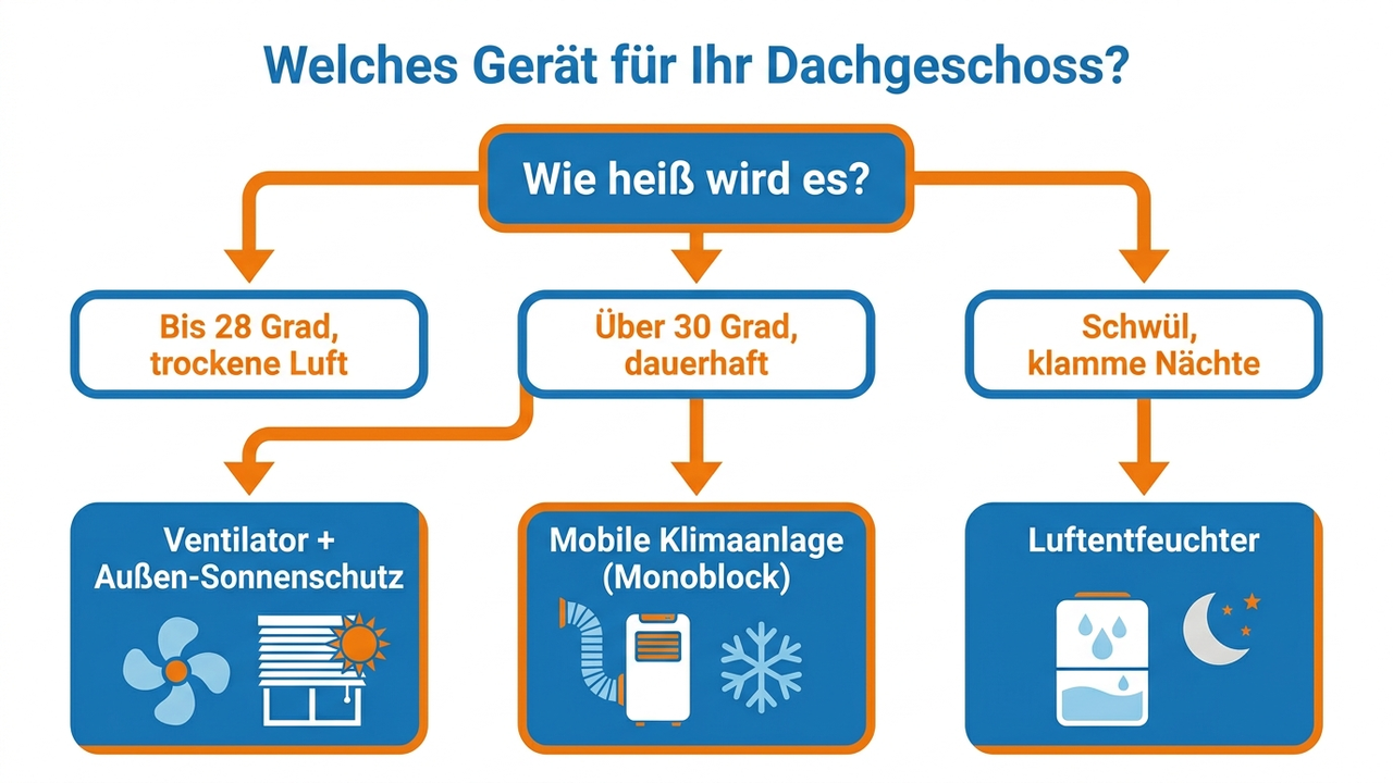 Entscheidungsbaum: Welches Gerät für das Dachgeschoss – nach Temperatur und Luftfeuchtigkeit