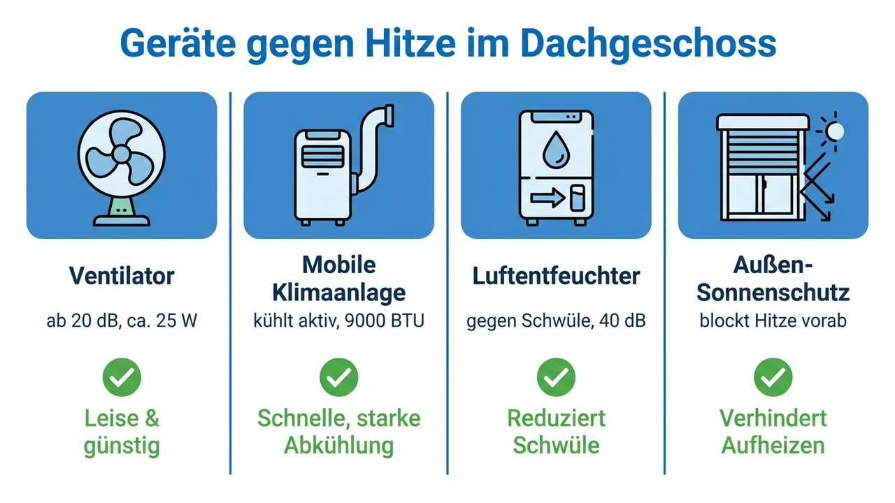 Infografik: Geräte gegen Hitze im Dachgeschoss – Ventilator, mobile Klimaanlage, Luftentfeuchter und Außen-Sonnenschutz im Vergleich mit metrischen Kennwerten