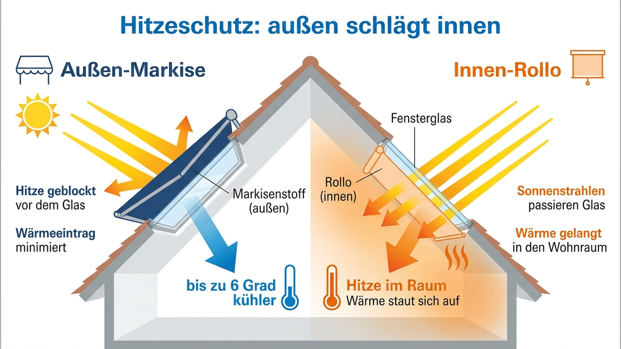 Infografik: Vergleich außenliegender Sonnenschutz gegen Innenrollo am Dachfenster, außen blockiert die Hitze vor dem Glas